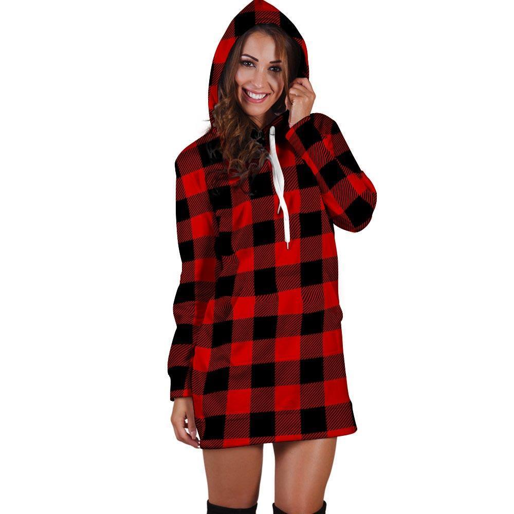 Red Plaid Hoodie Dress-grizzshop