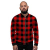 Red Plaid Men's Bomber Jacket-grizzshop