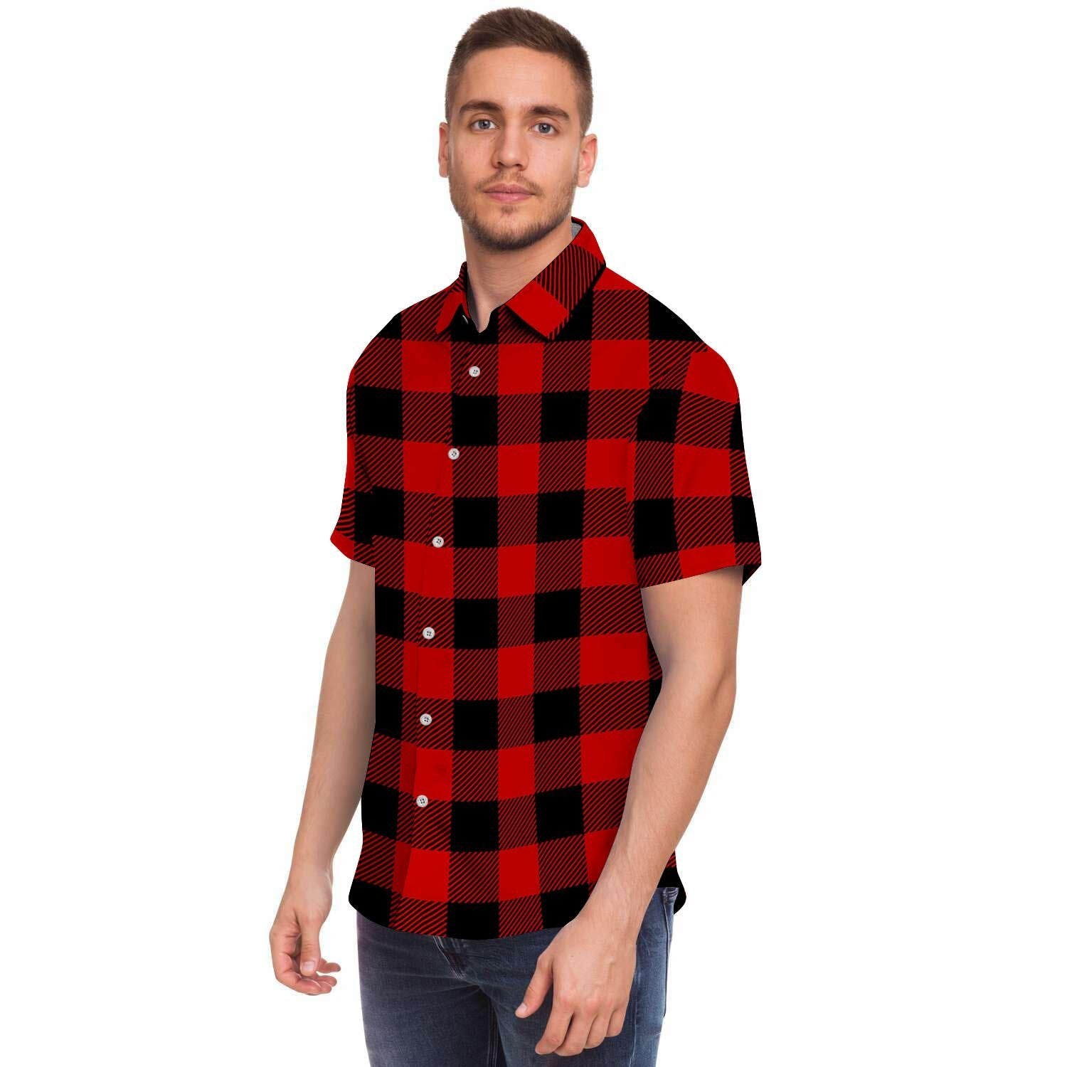 Red Plaid Men's Short Sleeve Shirt-grizzshop