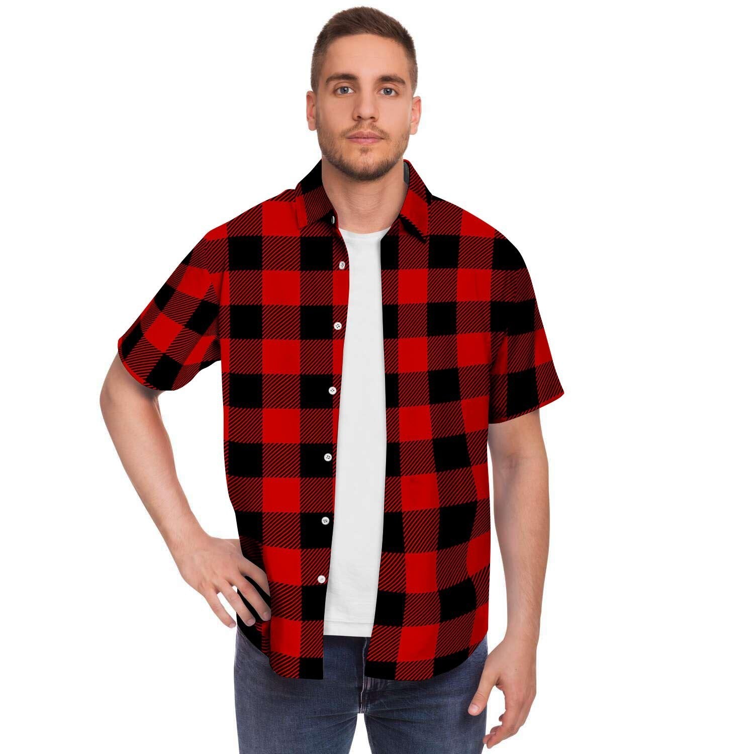 Red Plaid Men's Short Sleeve Shirt-grizzshop