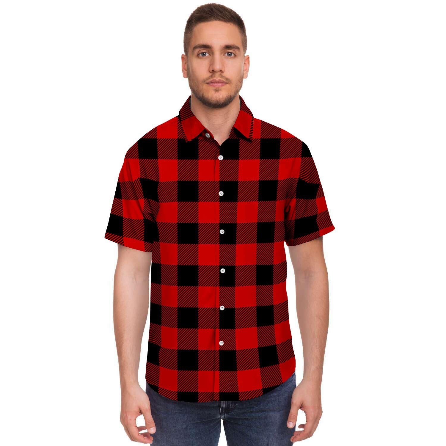 Red Plaid Men's Short Sleeve Shirt-grizzshop