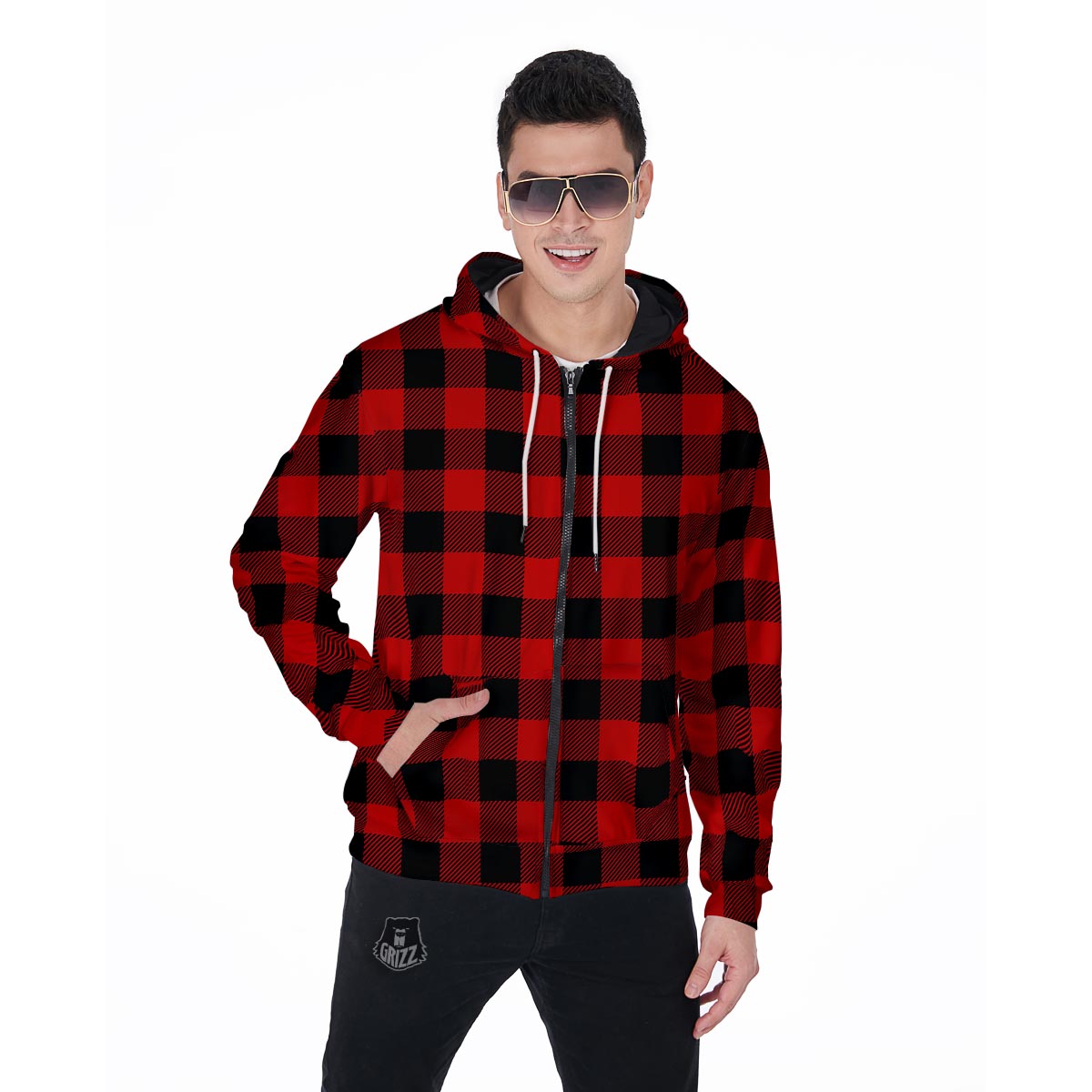 Red Plaid Men's Zip Up Hoodie-grizzshop