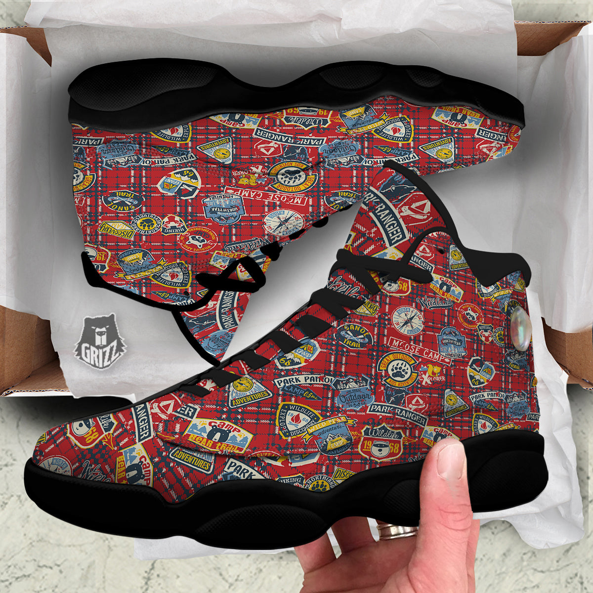 Red Plaid Mountain Camp Tartan Print Black Basketball Shoes-grizzshop