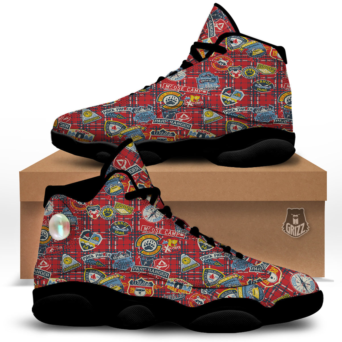 Red Plaid Mountain Camp Tartan Print Black Basketball Shoes-grizzshop