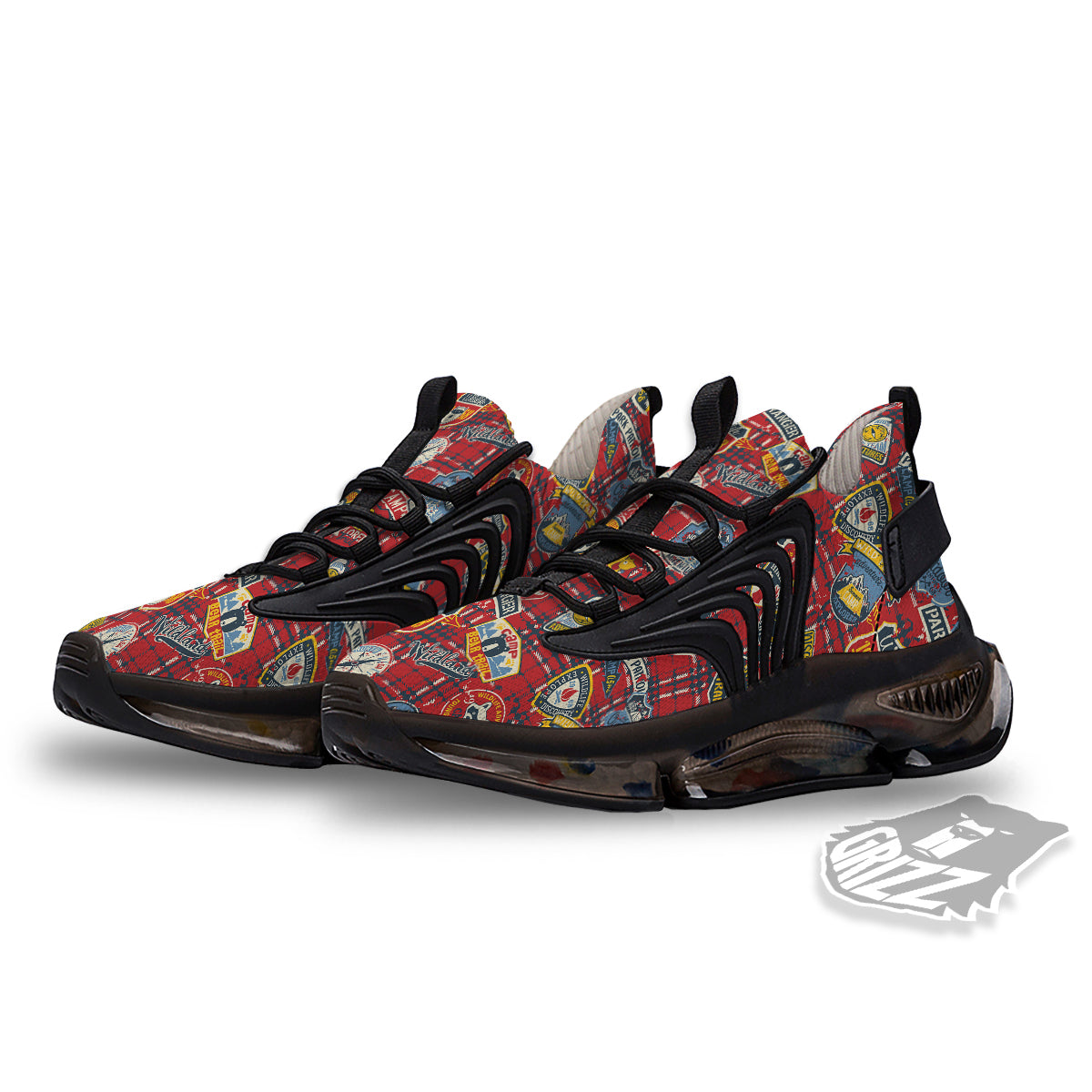 Red Plaid Mountain Camp Tartan Print Black Gym Shoes-grizzshop
