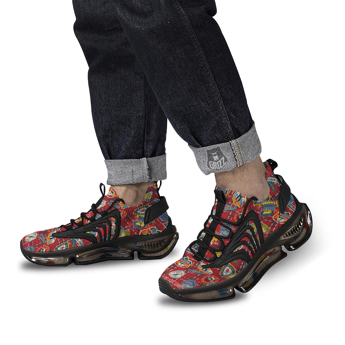 Red Plaid Mountain Camp Tartan Print Black Gym Shoes-grizzshop