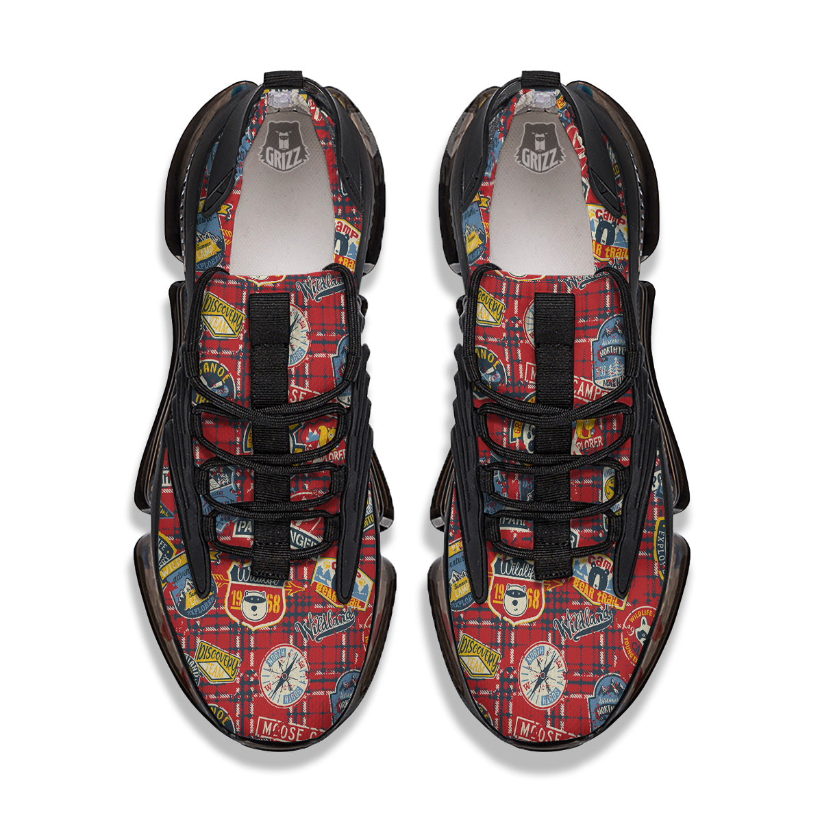 Red Plaid Mountain Camp Tartan Print Black Gym Shoes-grizzshop