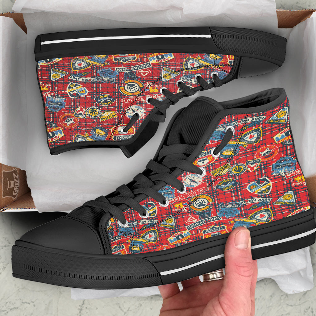 Red Plaid Mountain Camp Tartan Print Black High Top Shoes-grizzshop