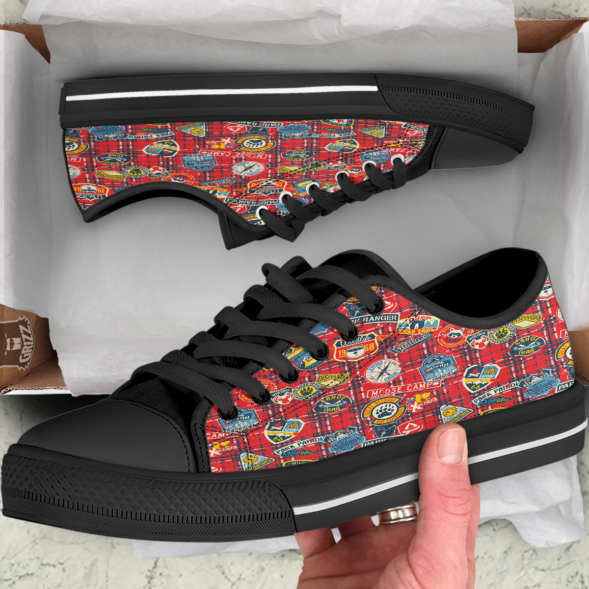 Red Plaid Mountain Camp Tartan Print Black Low Top Shoes-grizzshop