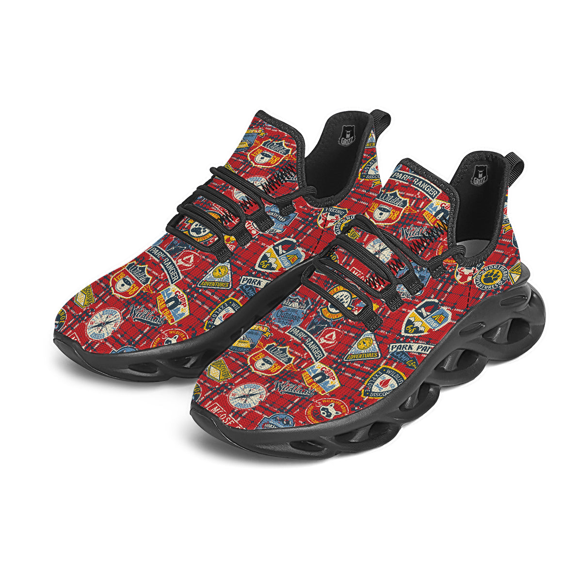 Red Plaid Mountain Camp Tartan Print Black Running Shoes-grizzshop