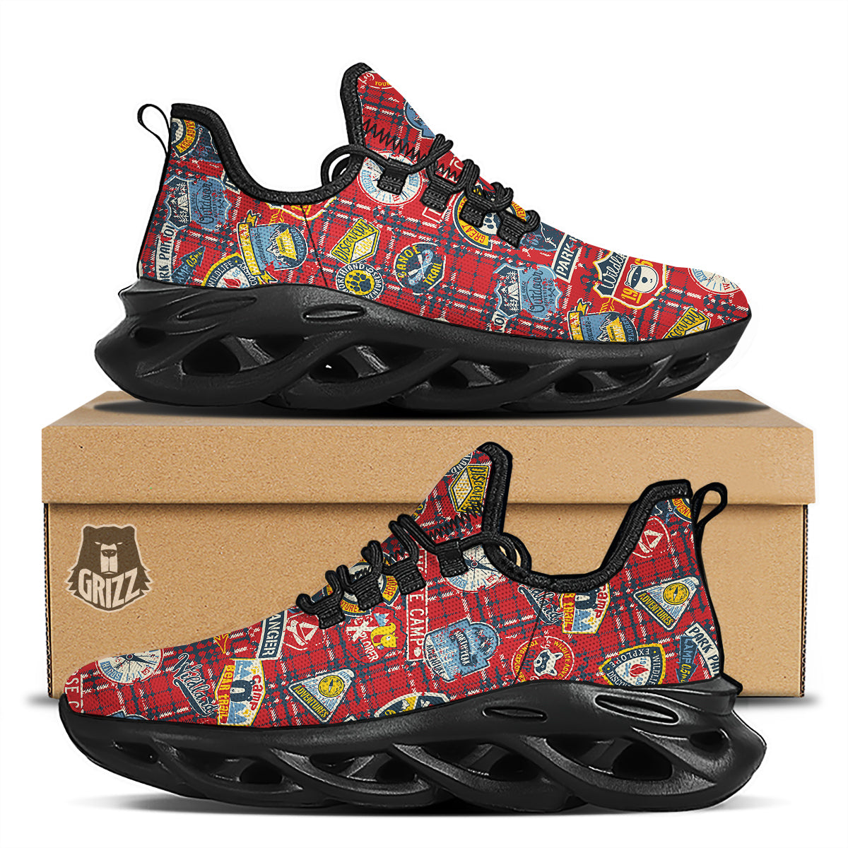 Red Plaid Mountain Camp Tartan Print Black Running Shoes-grizzshop