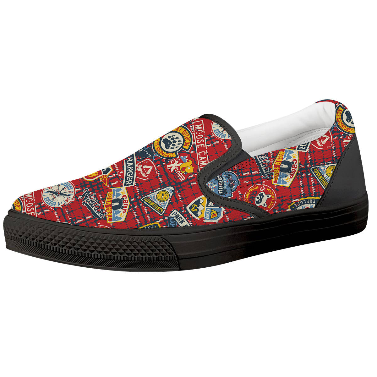 Red Plaid Mountain Camp Tartan Print Black Slip On Shoes-grizzshop