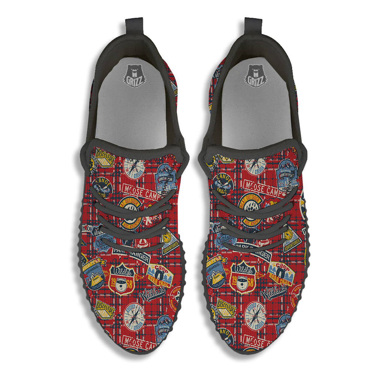 Red Plaid Mountain Camp Tartan Print Black Walking Shoes-grizzshop