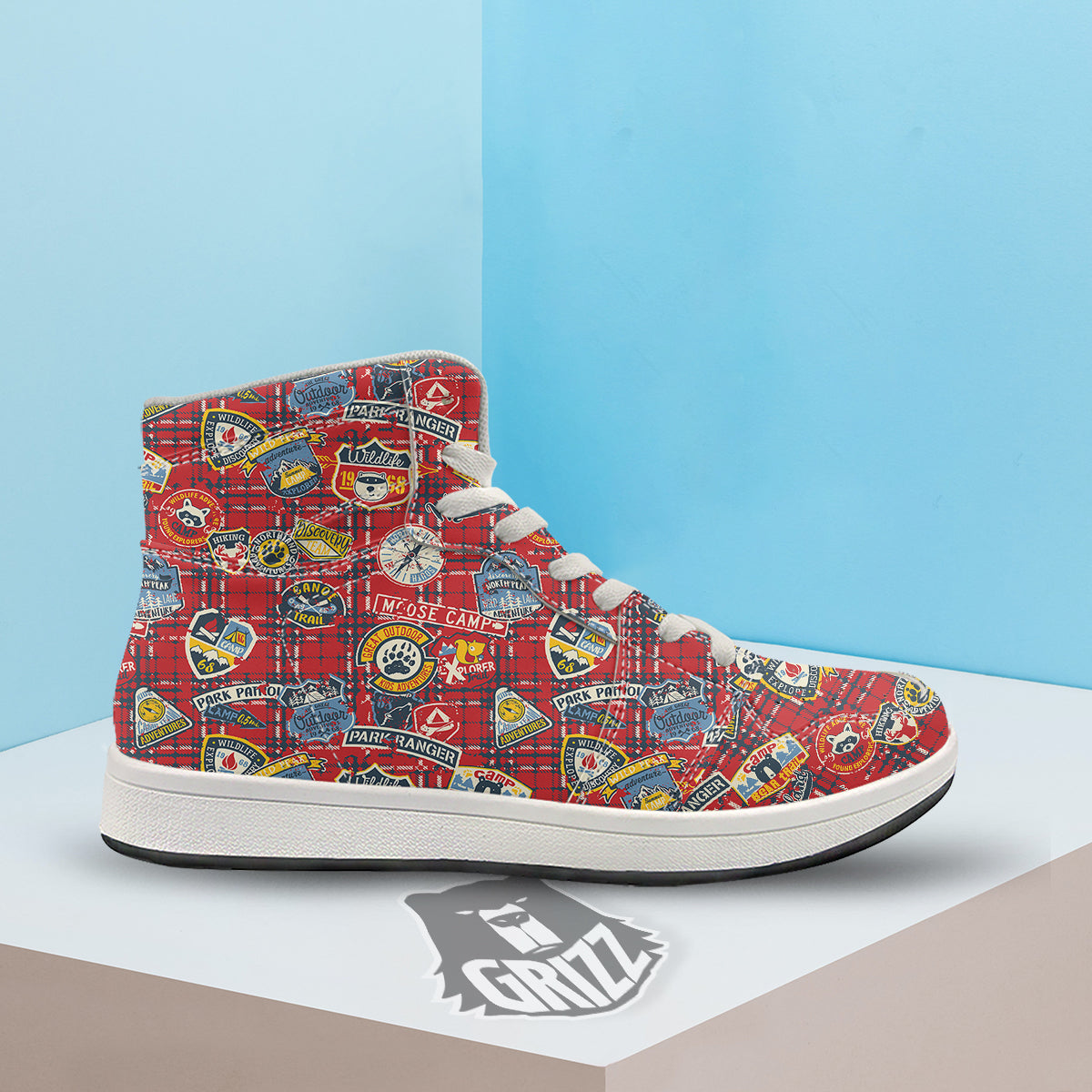 Red Plaid Mountain Camp Tartan Print High Top Sneakers-grizzshop