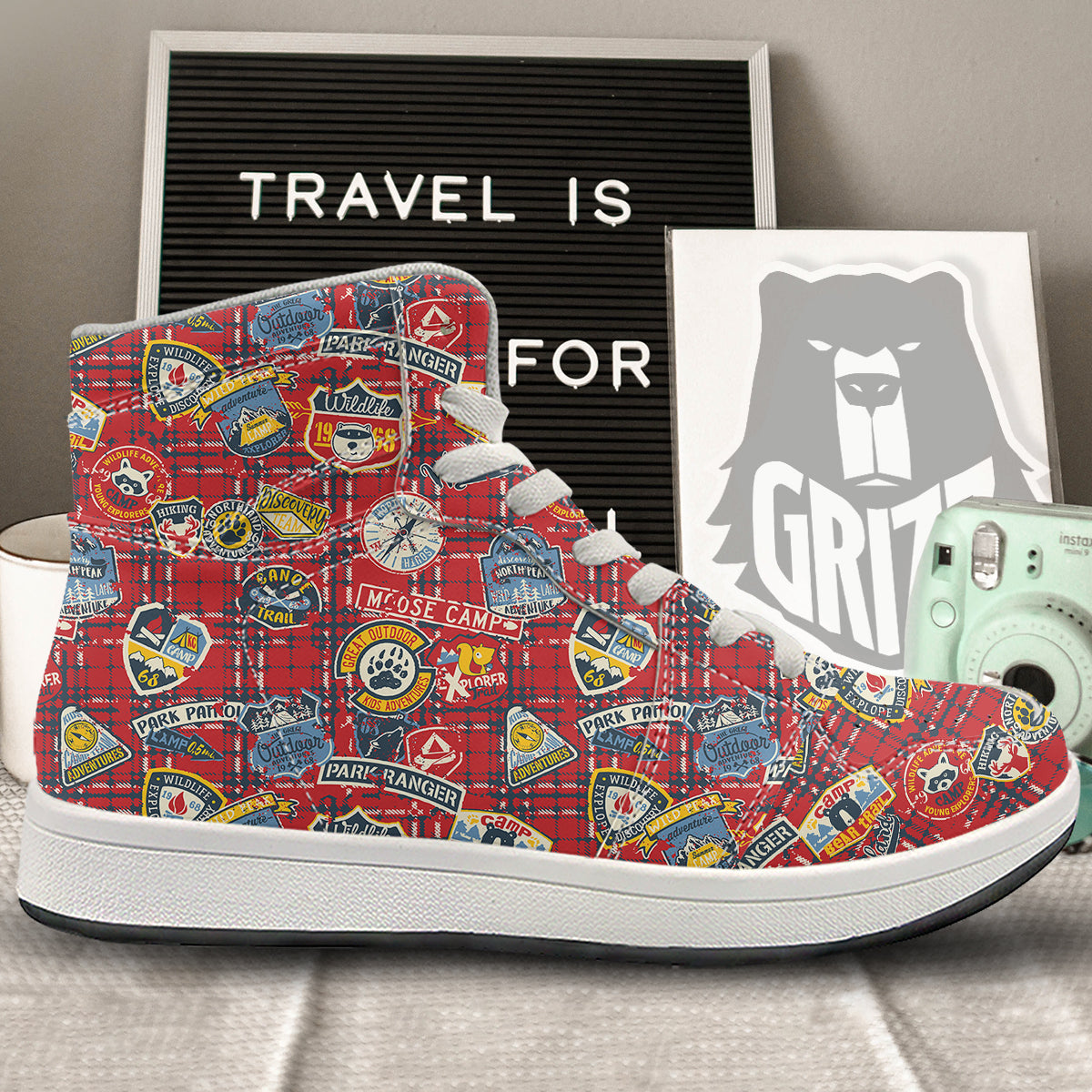 Red Plaid Mountain Camp Tartan Print High Top Sneakers-grizzshop
