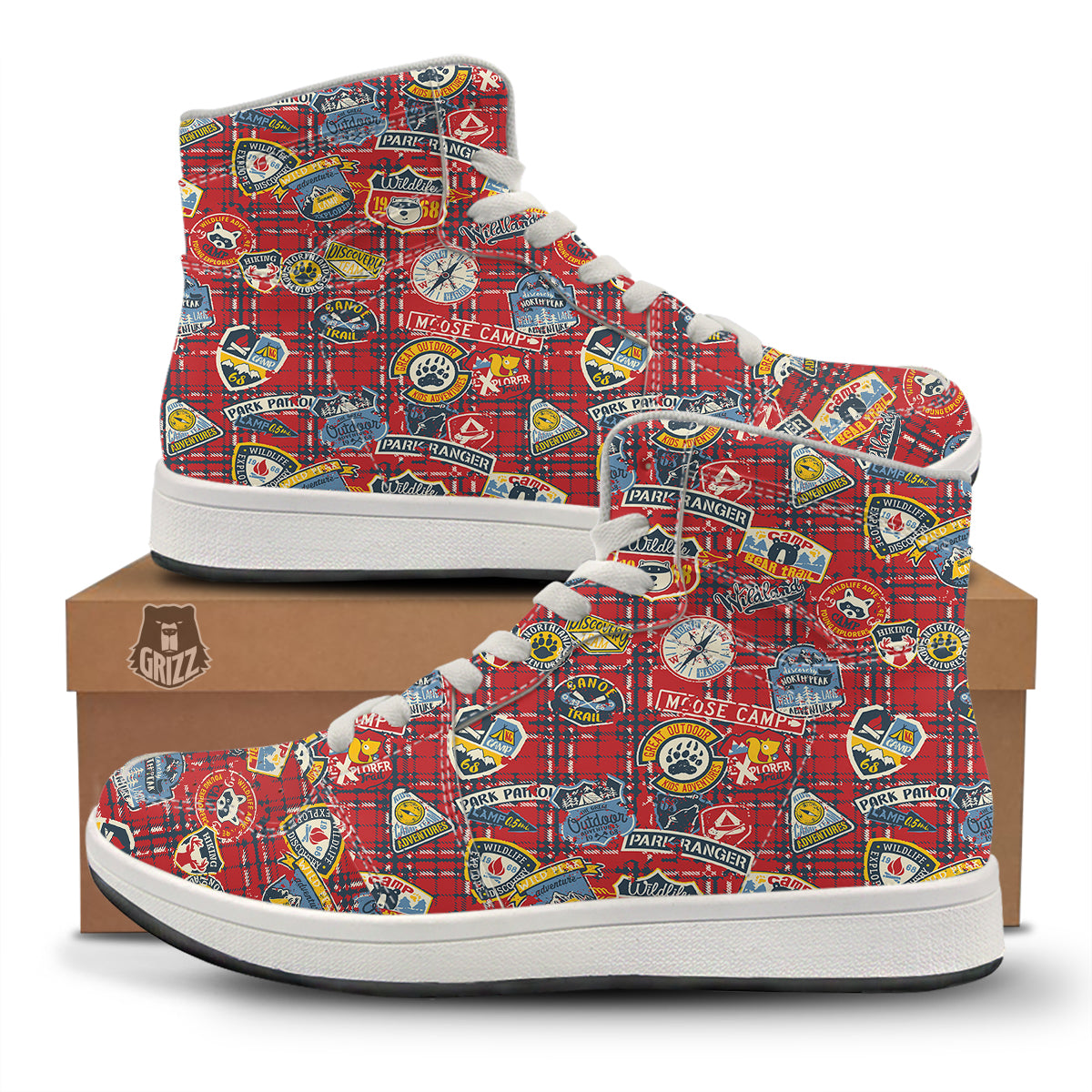 Red Plaid Mountain Camp Tartan Print High Top Sneakers-grizzshop