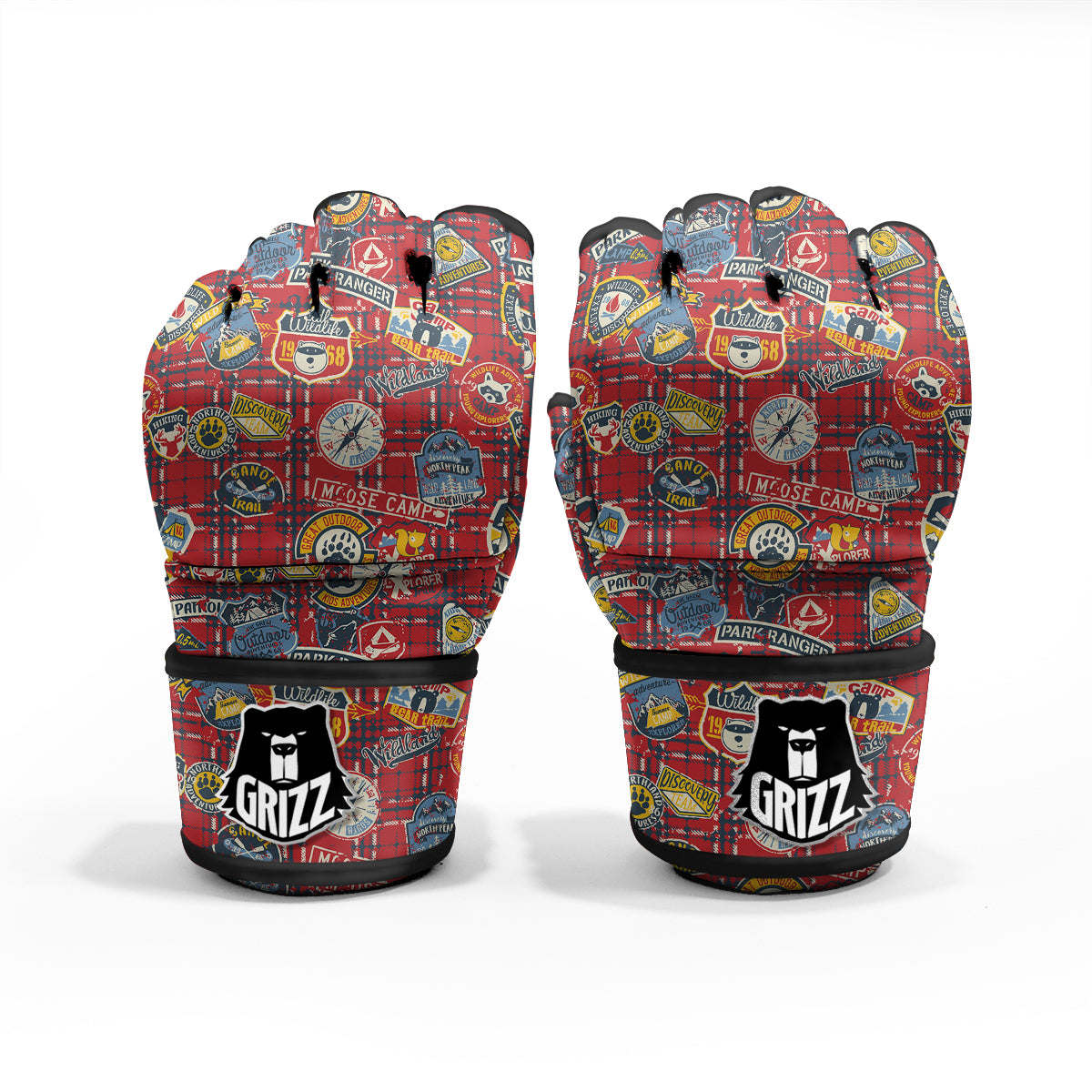Red Plaid Mountain Camp Tartan Print MMA Gloves-grizzshop