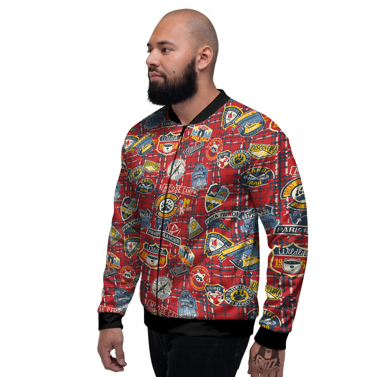 Red Plaid Mountain Camp Tartan Print Men's Bomber Jacket-grizzshop