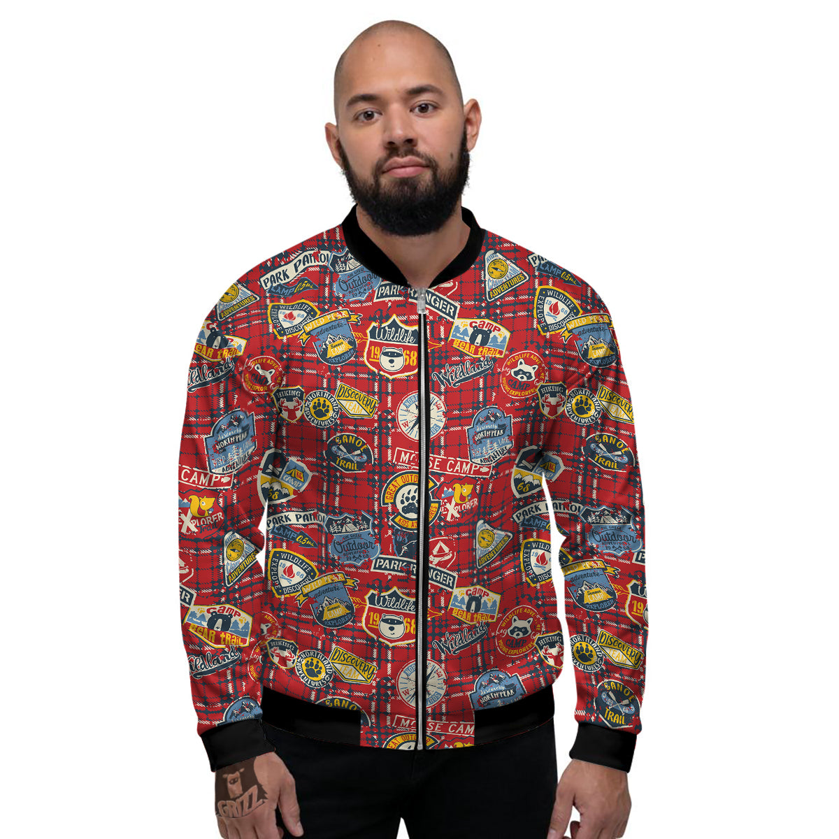 Red Plaid Mountain Camp Tartan Print Men's Bomber Jacket-grizzshop