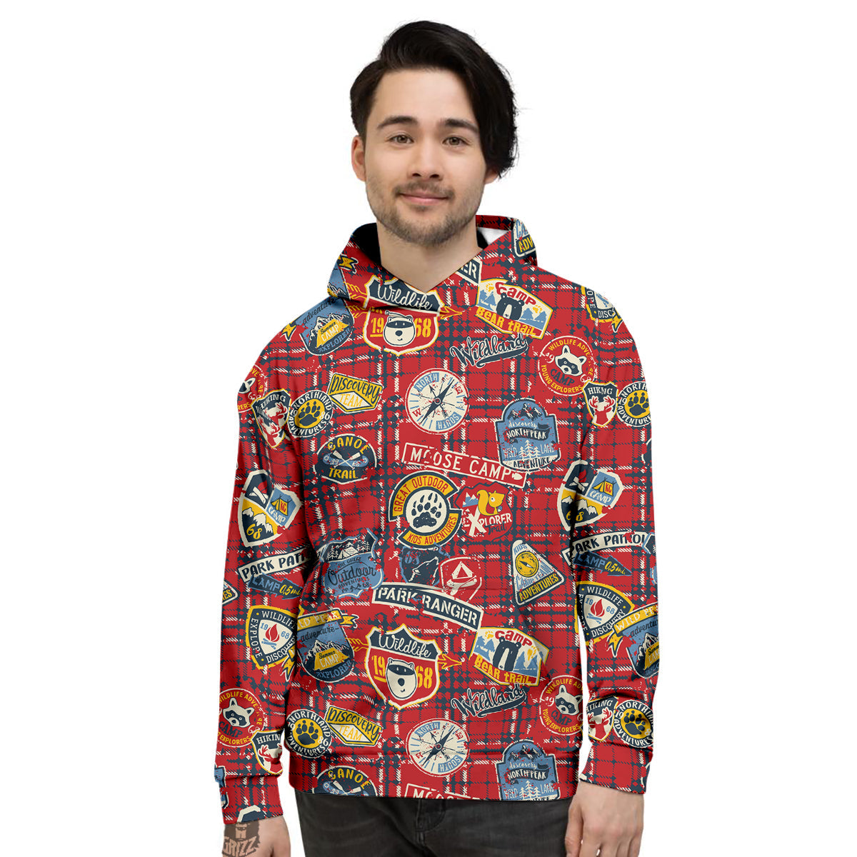 Red Plaid Mountain Camp Tartan Print Men's Hoodie-grizzshop