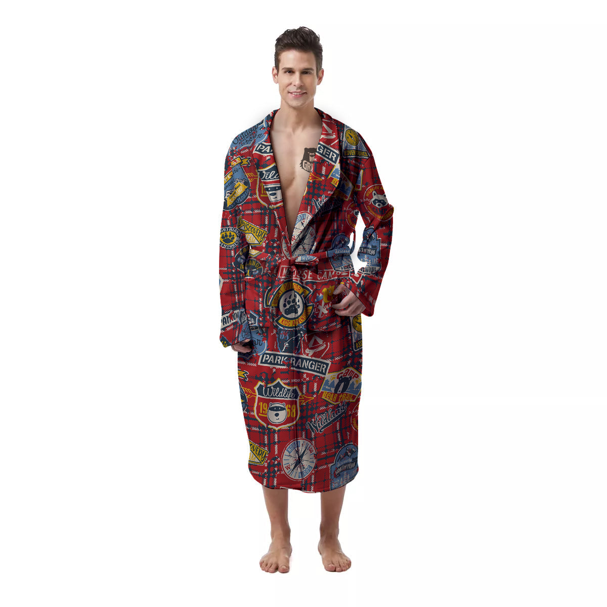 Red Plaid Mountain Camp Tartan Print Men's Robe-grizzshop
