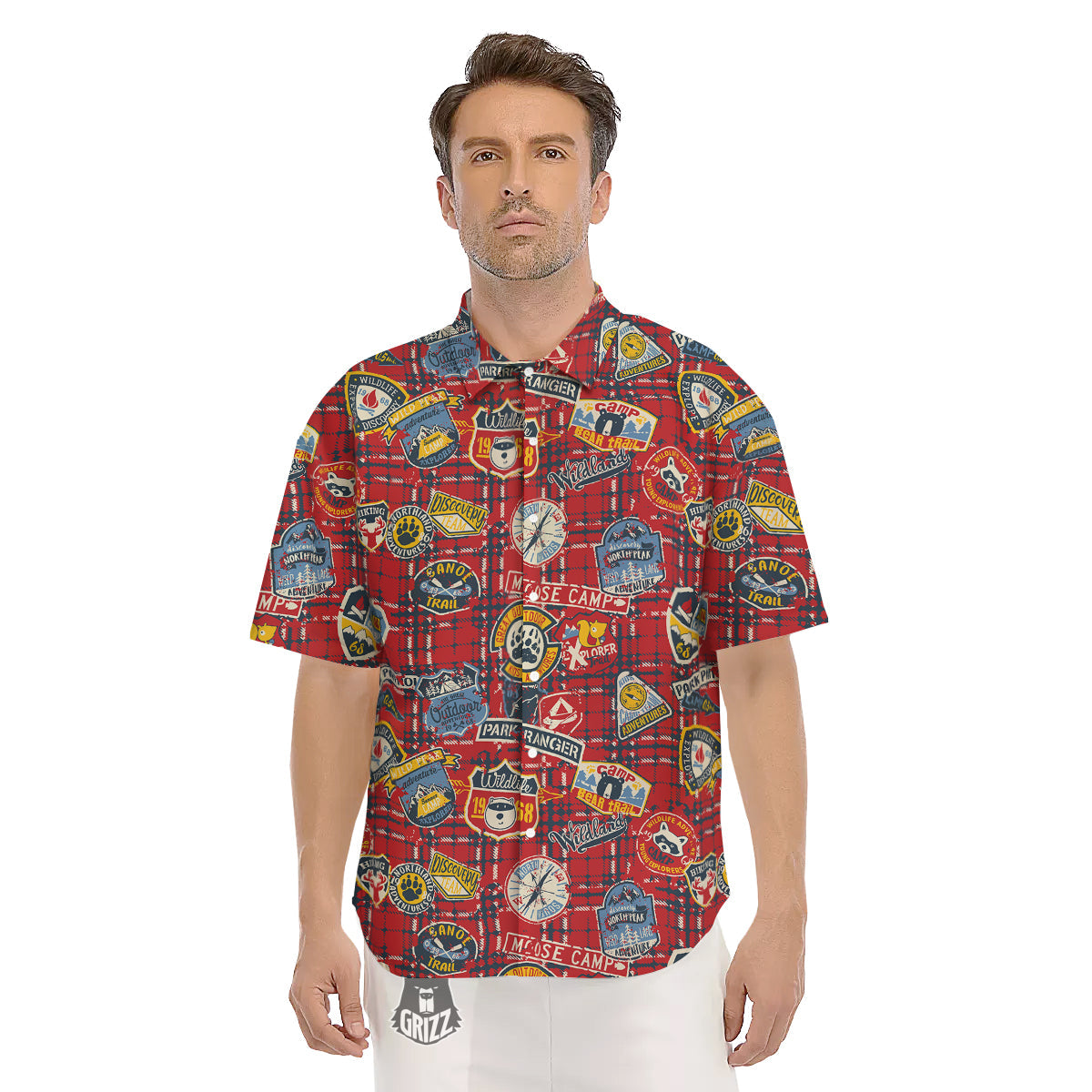Red Plaid Mountain Camp Tartan Print Men's Short Sleeve Shirts-grizzshop