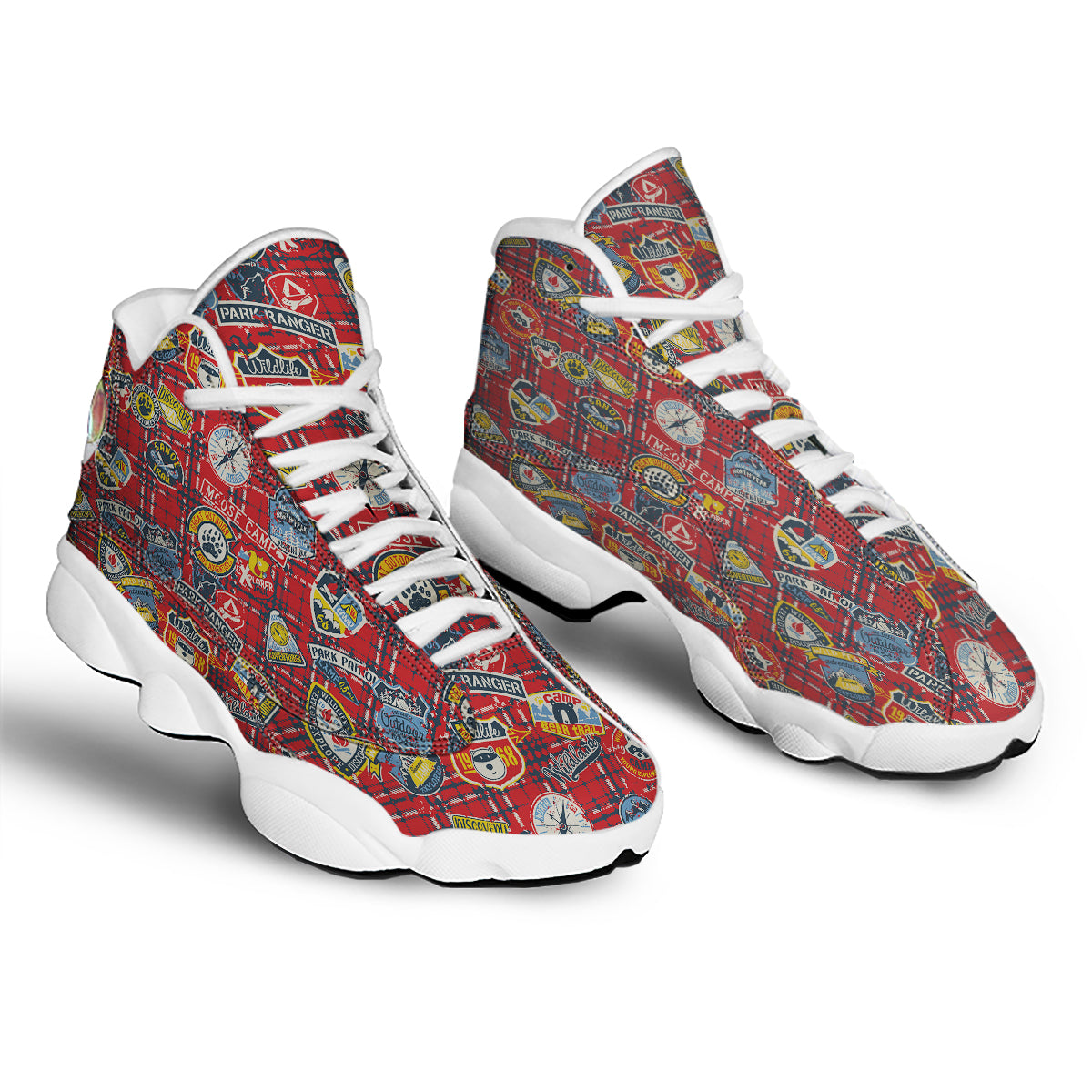 Red Plaid Mountain Camp Tartan Print White Basketball Shoes-grizzshop