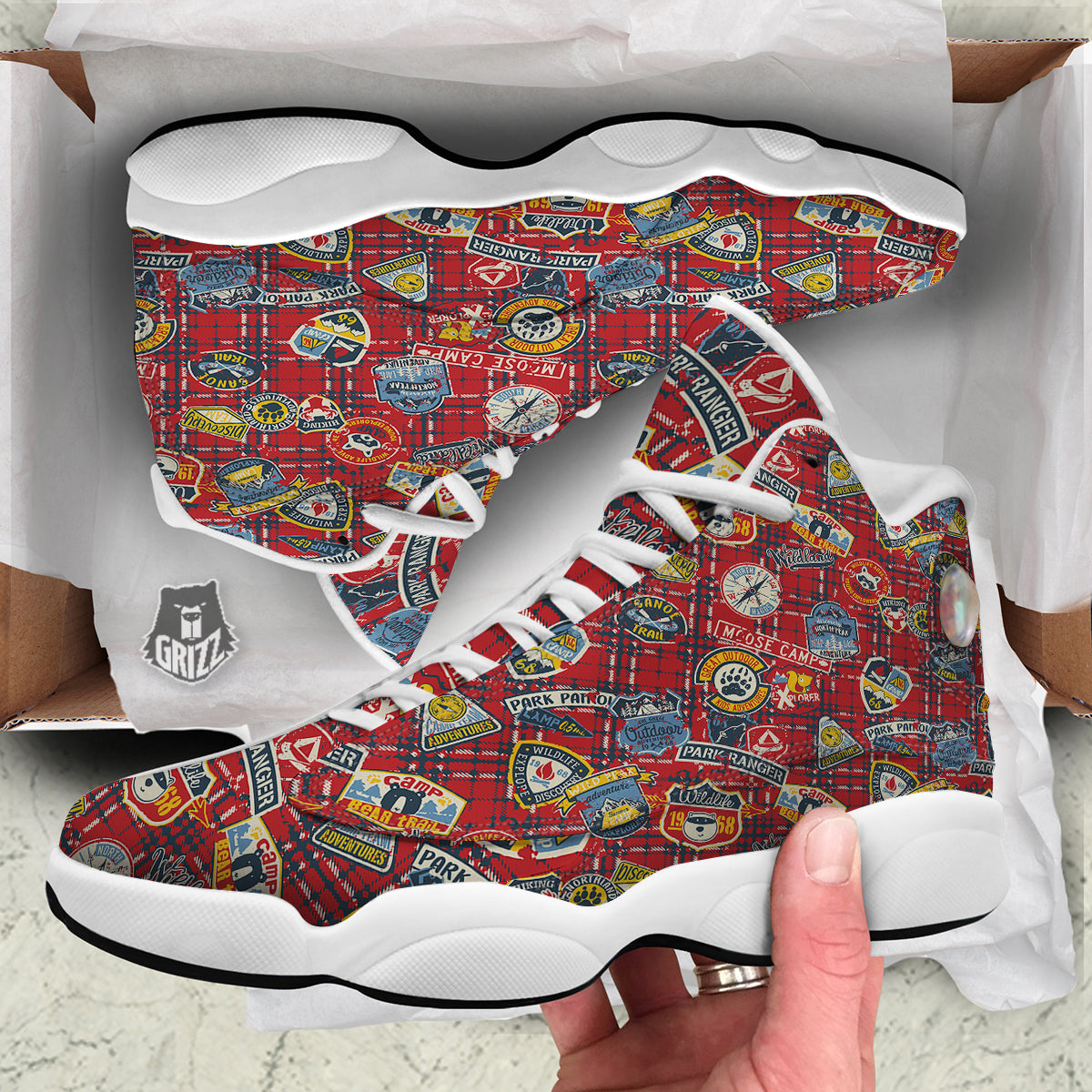 Red Plaid Mountain Camp Tartan Print White Basketball Shoes-grizzshop