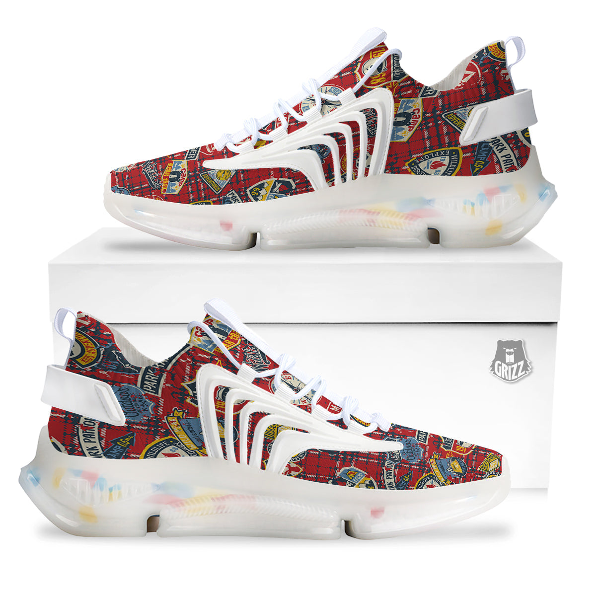 Red Plaid Mountain Camp Tartan Print White Gym Shoes-grizzshop