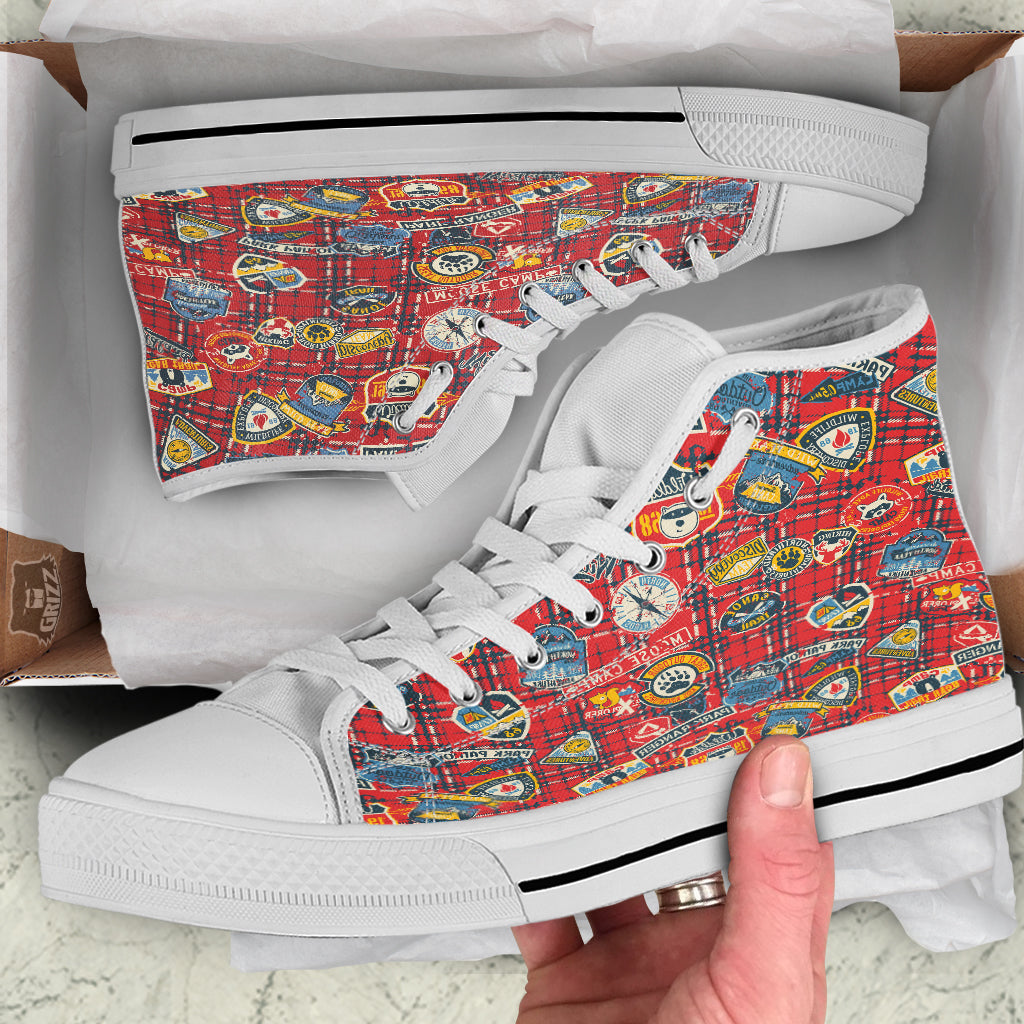 Red Plaid Mountain Camp Tartan Print White High Top Shoes-grizzshop