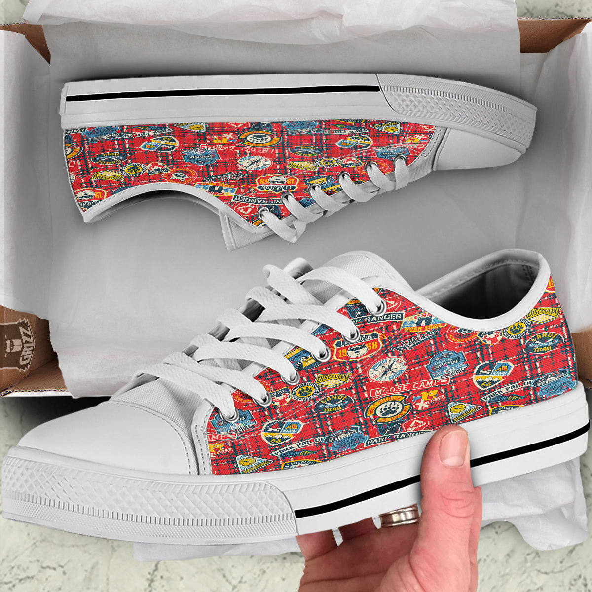 Red Plaid Mountain Camp Tartan Print White Low Top Shoes-grizzshop