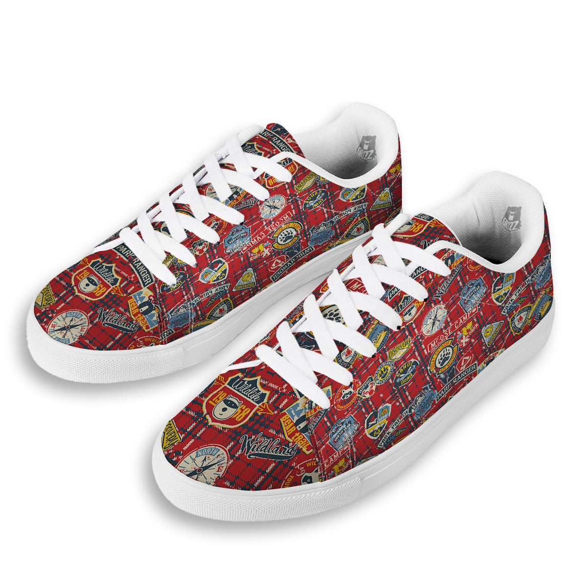 Red Plaid Mountain Camp Tartan Print White Low Top Sneakers-grizzshop