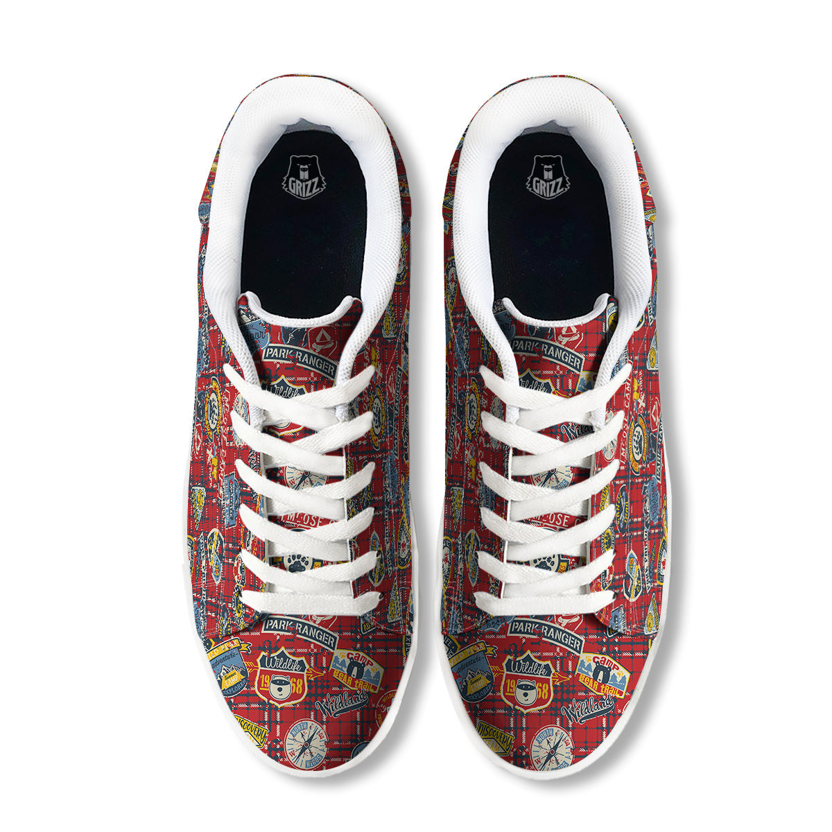 Red Plaid Mountain Camp Tartan Print White Low Top Sneakers-grizzshop
