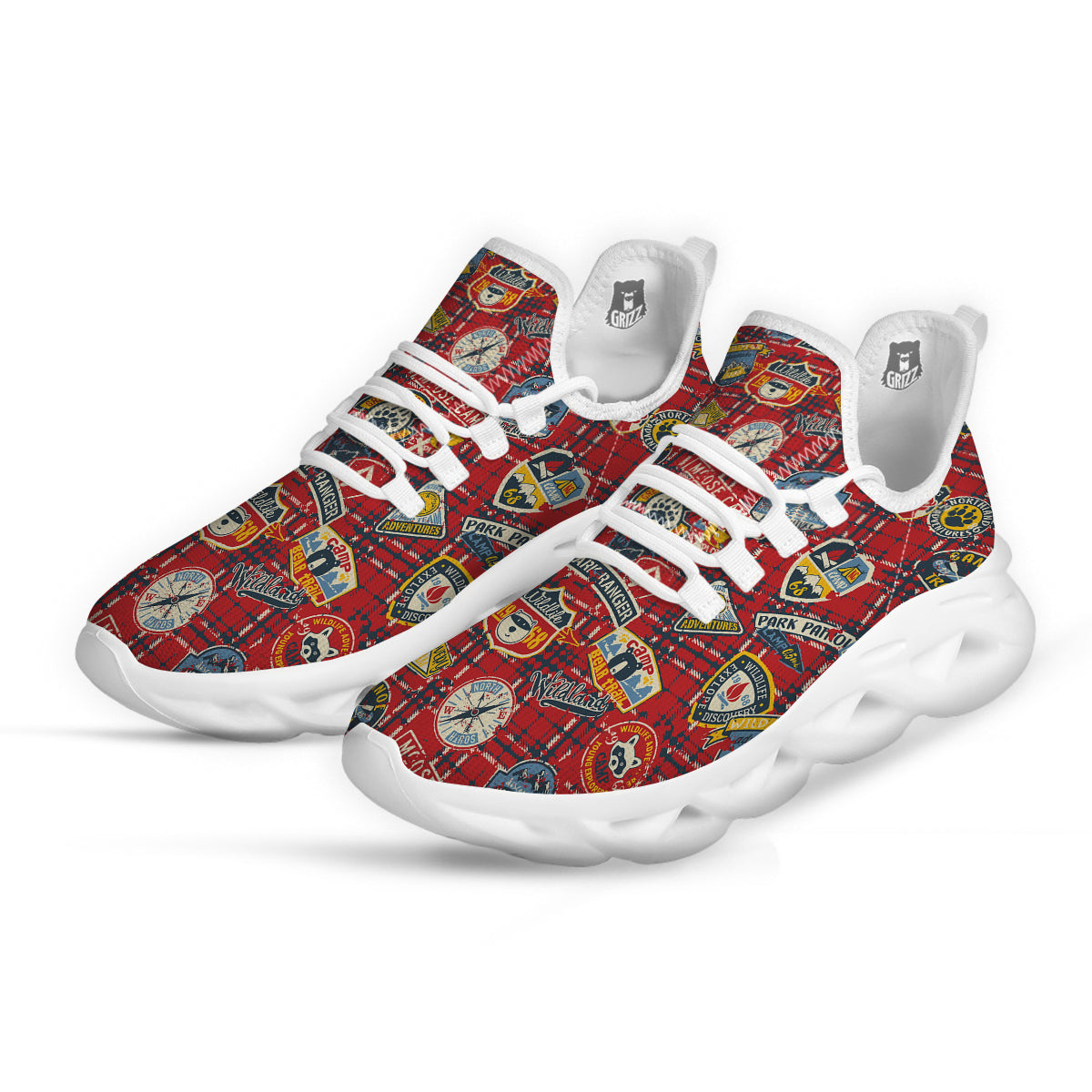 Red Plaid Mountain Camp Tartan Print White Running Shoes-grizzshop