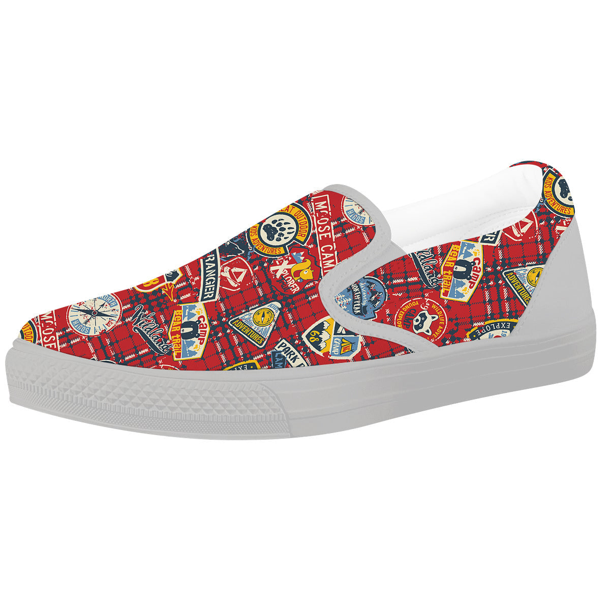 Red Plaid Mountain Camp Tartan Print White Slip On Shoes-grizzshop