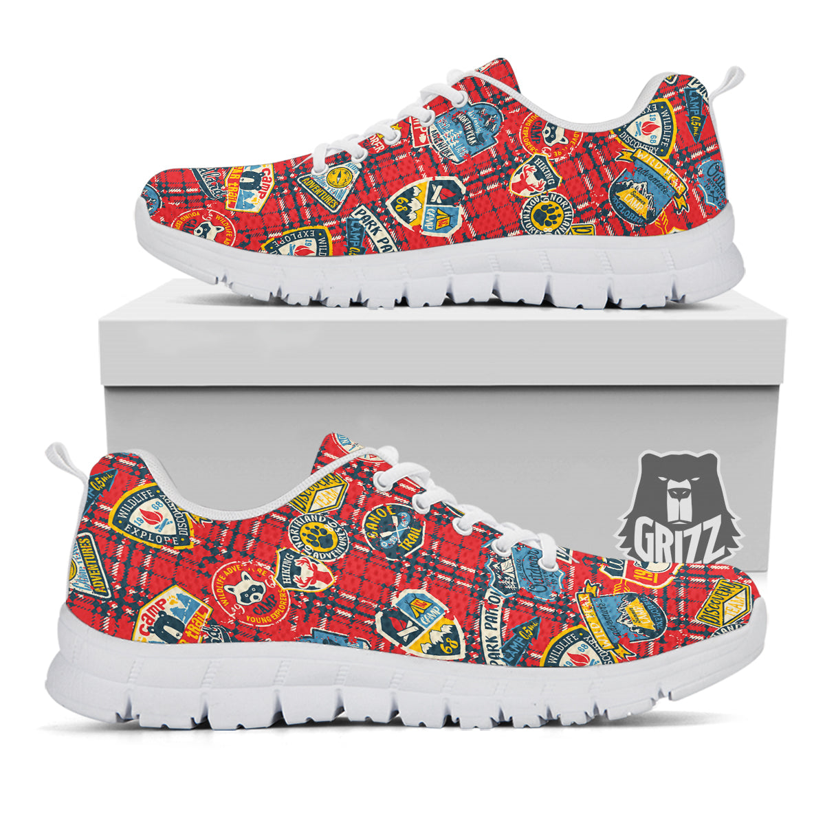 Red Plaid Mountain Camp Tartan Print White Sneaker-grizzshop