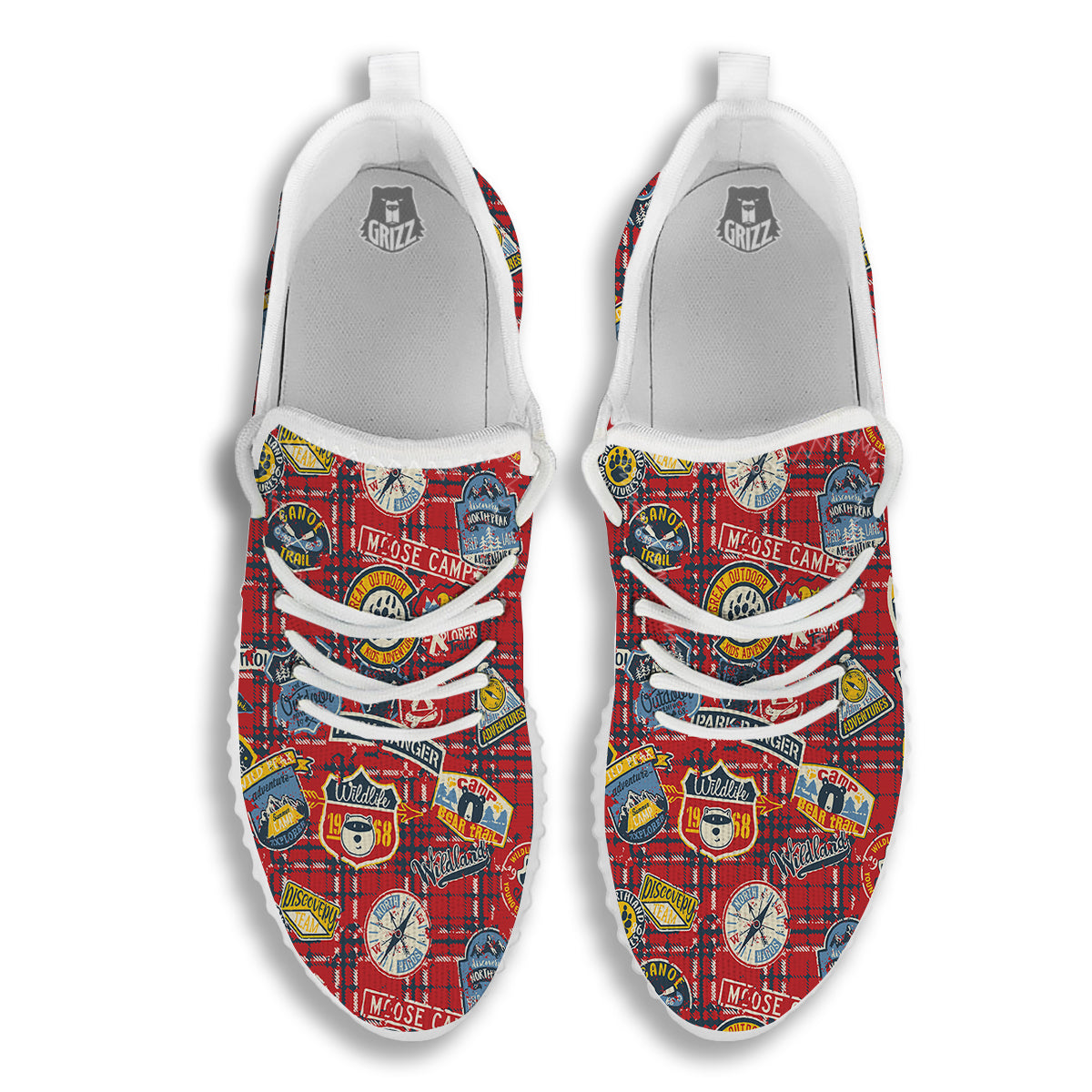 Red Plaid Mountain Camp Tartan Print White Walking Shoes-grizzshop