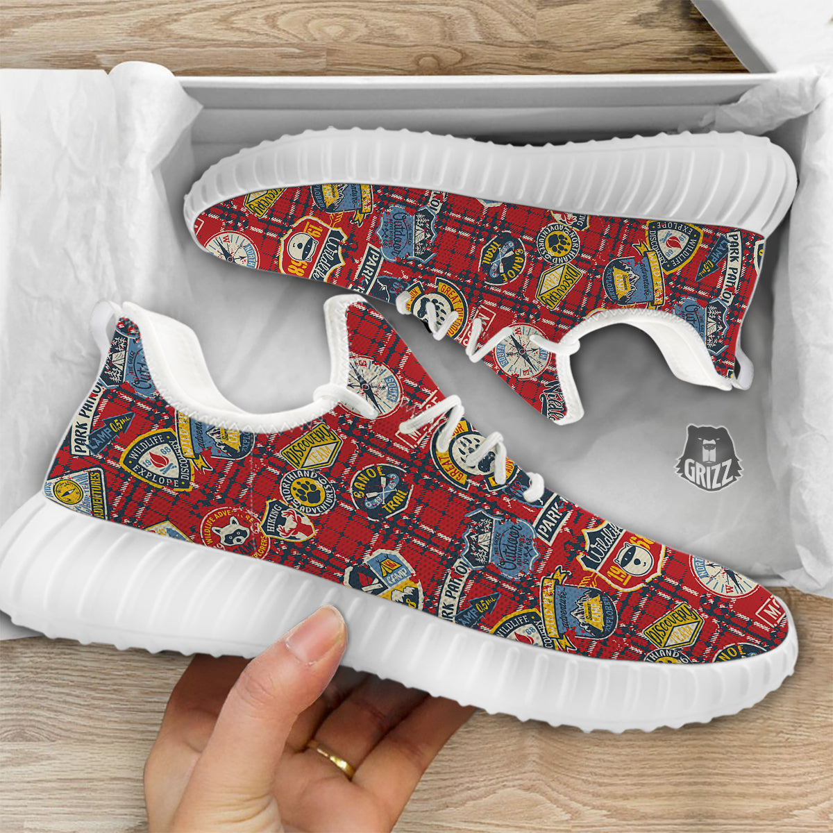 Red Plaid Mountain Camp Tartan Print White Walking Shoes-grizzshop