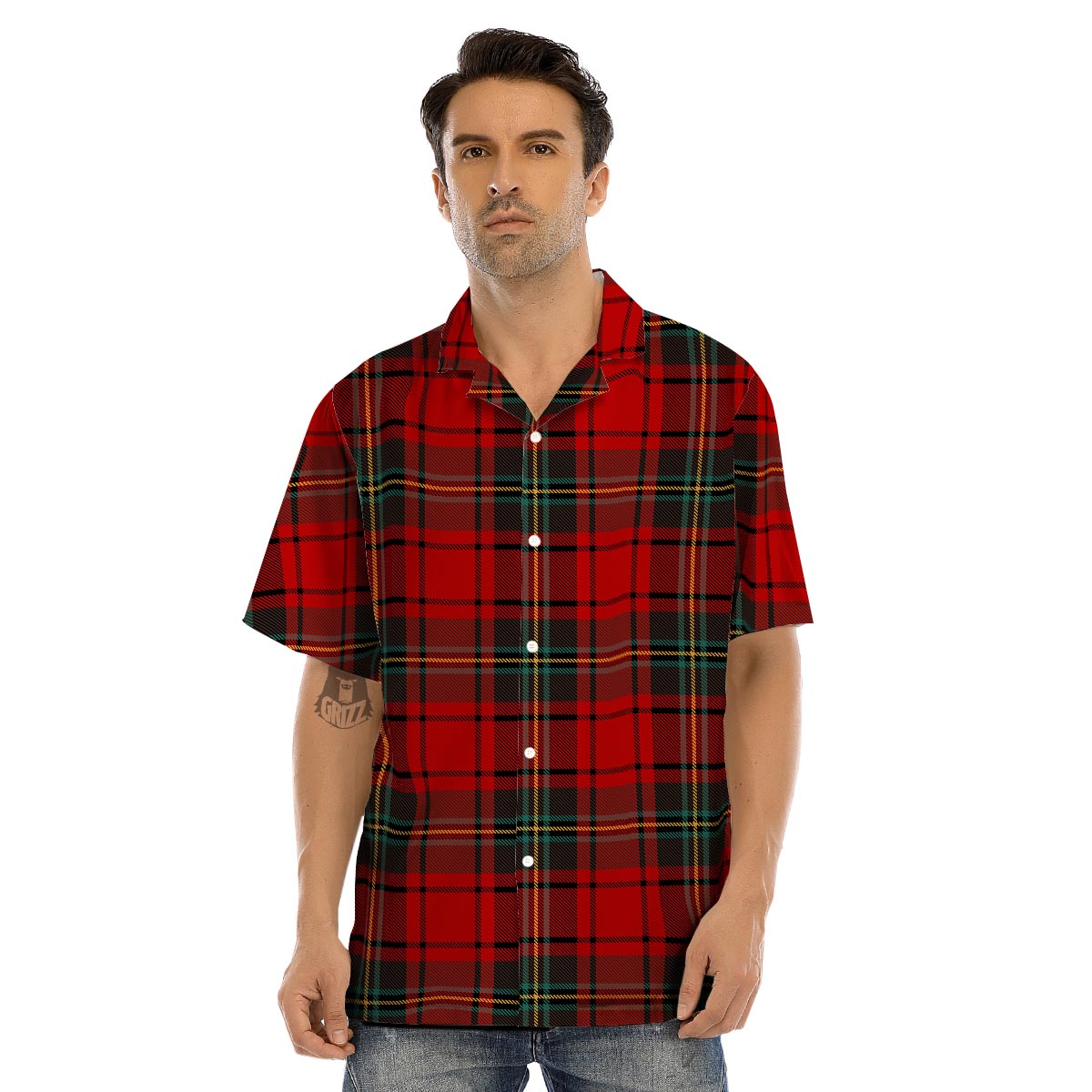 Red Plaid Tartan Men’s Hawaiian Shirt-grizzshop