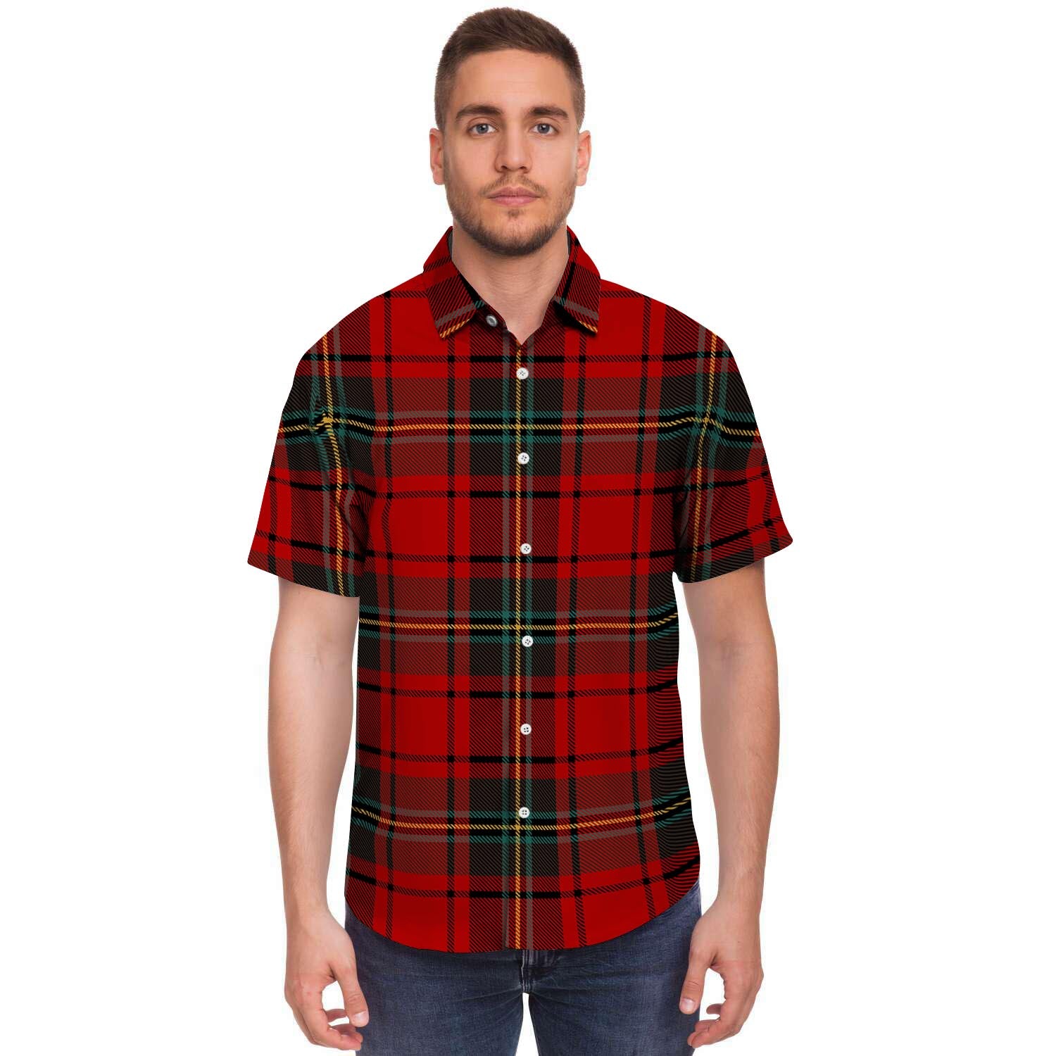 Red Plaid Tartan Men's Short Sleeve Shirt-grizzshop