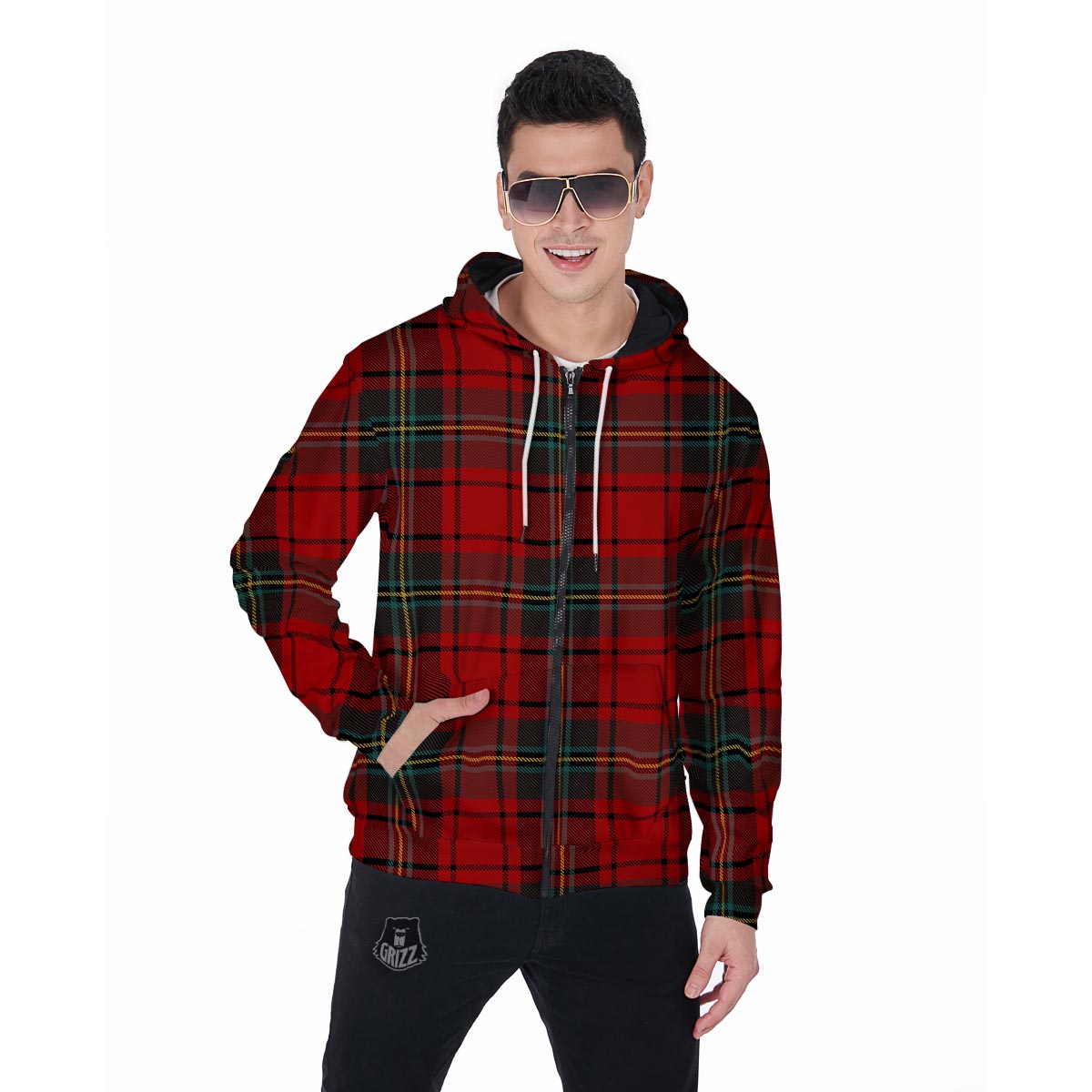 Red Plaid Tartan Men's Zip Up Hoodie-grizzshop