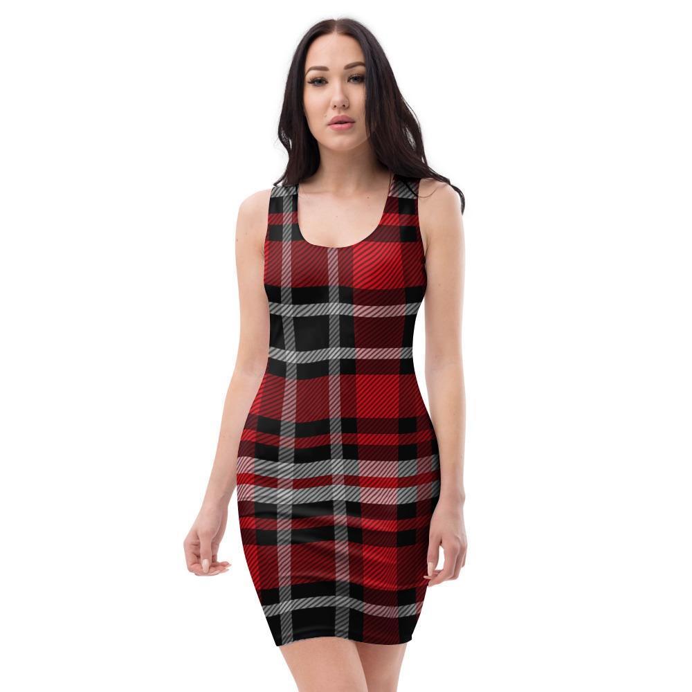 Red Plaid Tartan Print Bodycon Dress-grizzshop