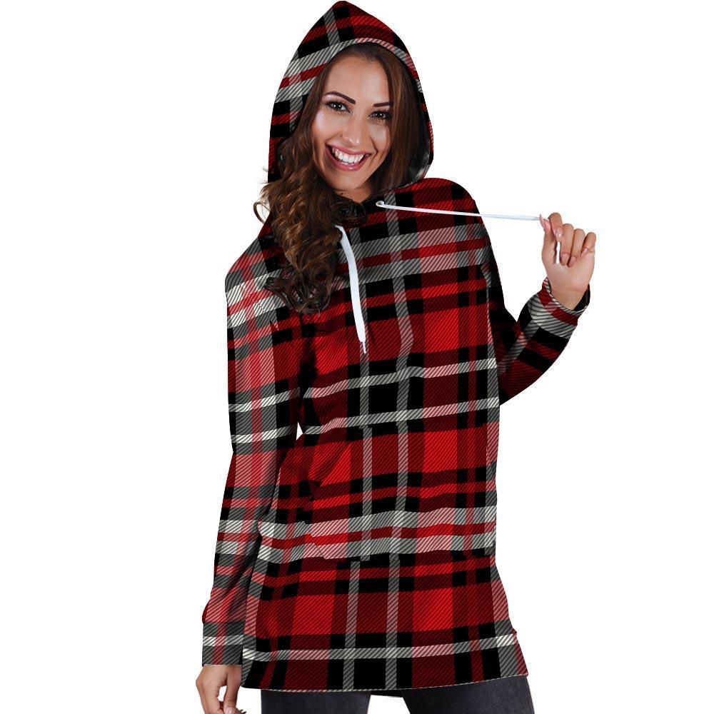 Red Plaid Tartan Print Hoodie Dress-grizzshop