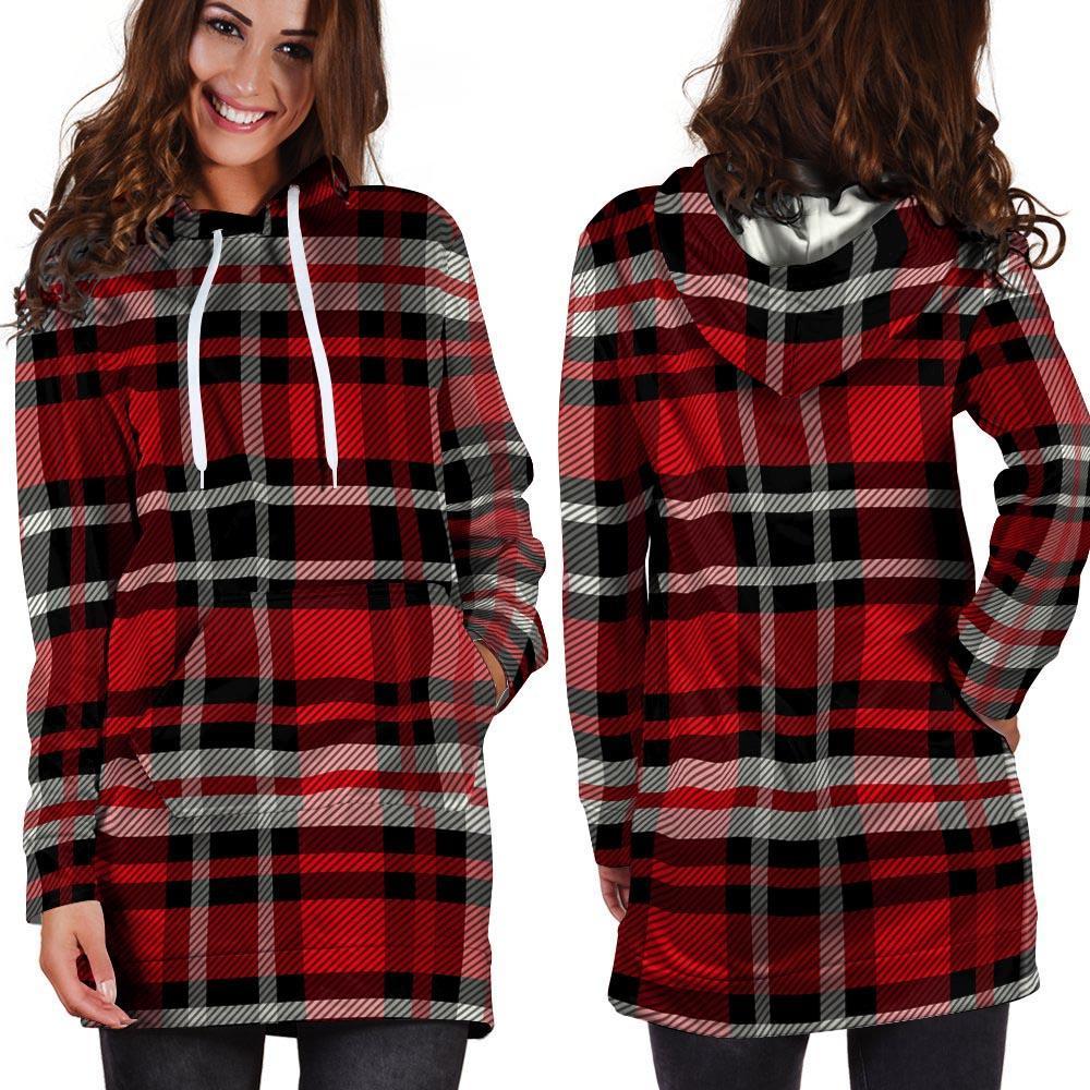 Red Plaid Tartan Print Hoodie Dress-grizzshop