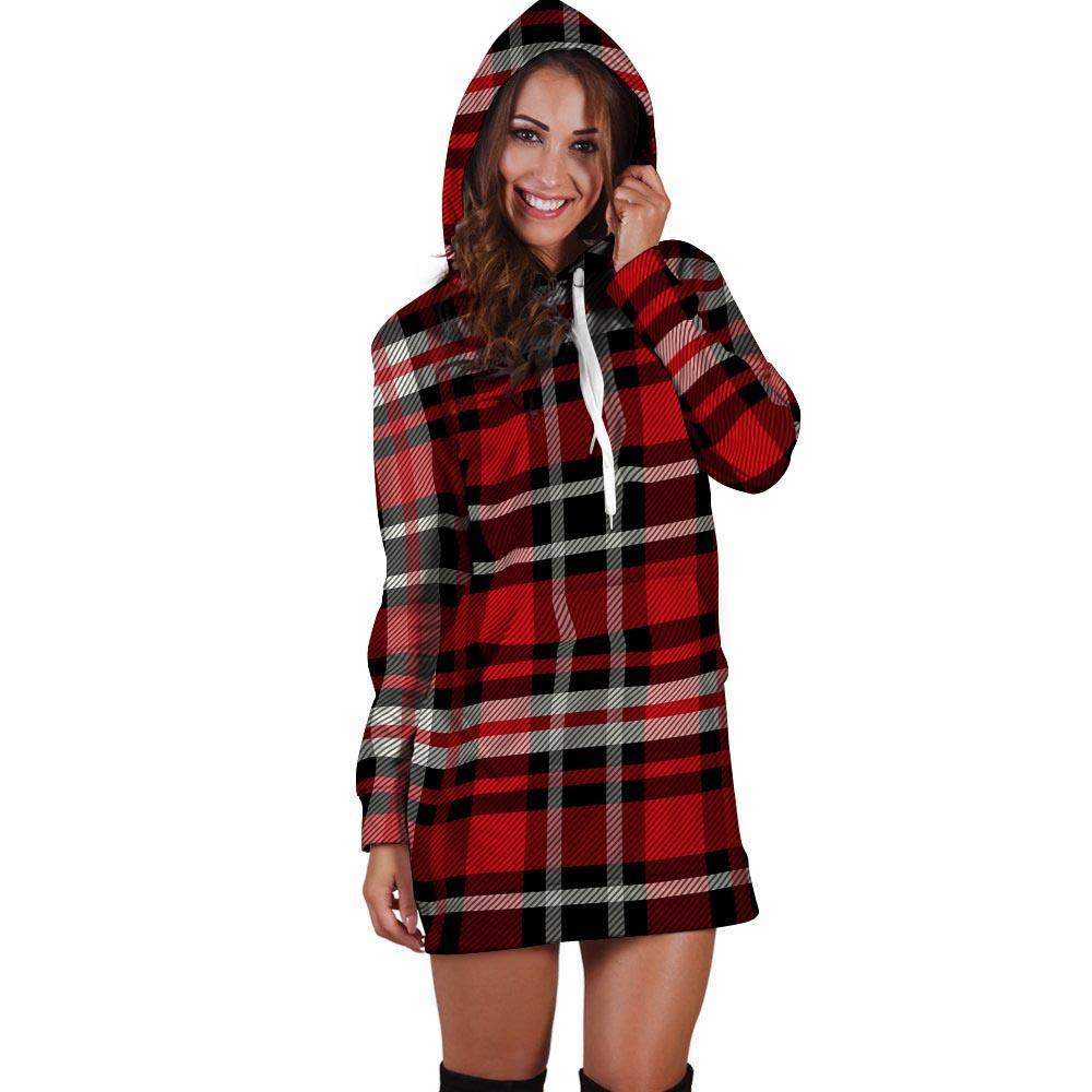 Red Plaid Tartan Print Hoodie Dress-grizzshop