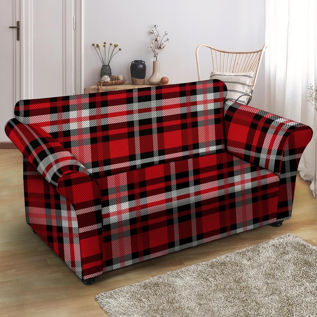 Red Plaid Tartan Print Loveseat Cover-grizzshop