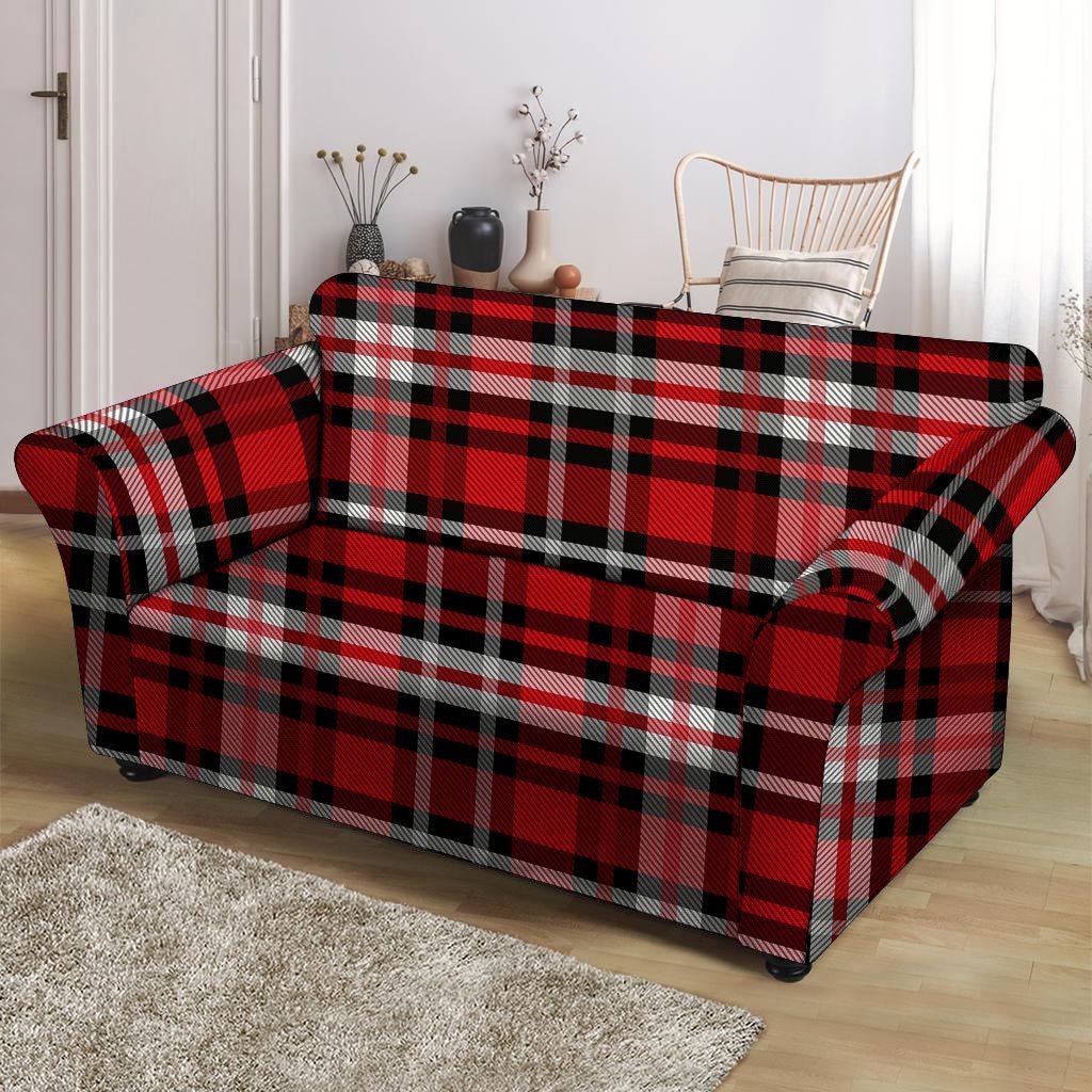 Red Plaid Tartan Print Loveseat Cover-grizzshop