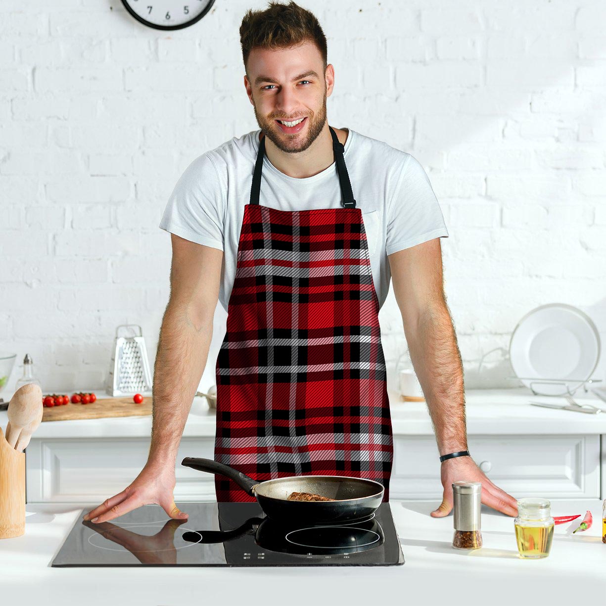 Red Plaid Tartan Print Men's Apron-grizzshop