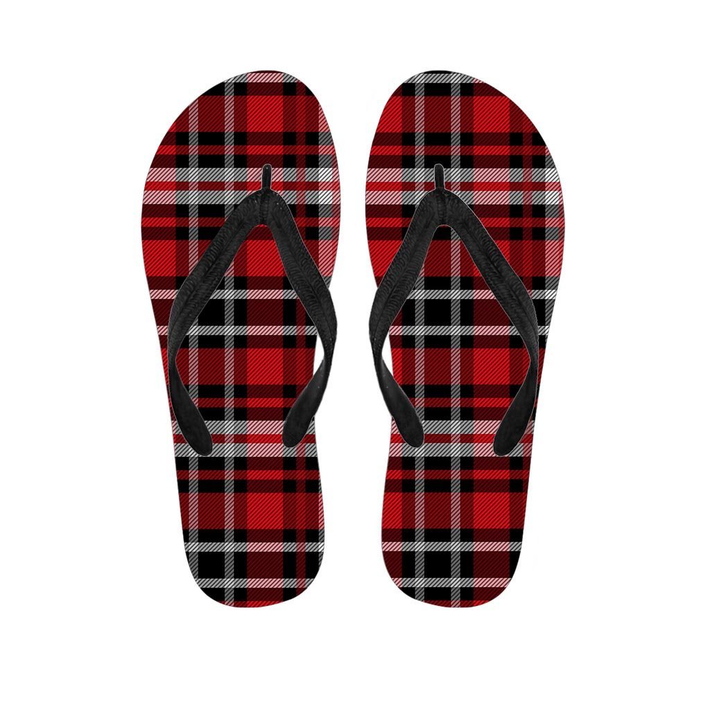 Red Plaid Tartan Print Men's Flip Flops-grizzshop