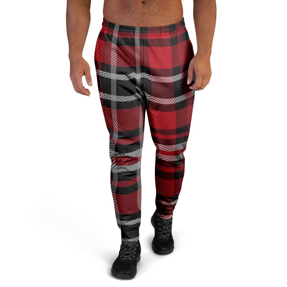 Red Plaid Tartan Print Men's Joggers-grizzshop